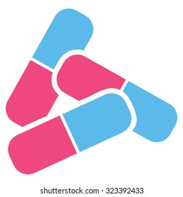 Pills vector icon. Style is bicolor flat symbol, pink and blue colors, rounded angles, white background.