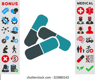 Pills vector icon. Style is bicolor flat symbol, soft blue colors, rounded angles, white background.