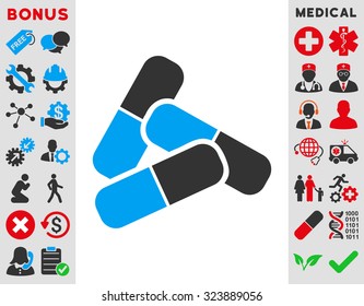 Pills vector icon. Style is bicolor flat symbol, blue and gray colors, rounded angles, white background.