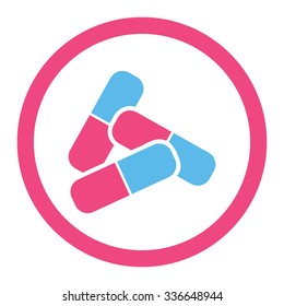 Pills vector icon. Style is bicolor flat rounded symbol, pink and blue colors, rounded angles, white background.