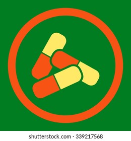 Pills vector icon. Style is bicolor flat rounded symbol, orange and yellow colors, rounded angles, green background.