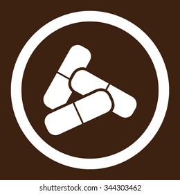Pills vector icon. Style is flat rounded symbol, white color, rounded angles, brown background.