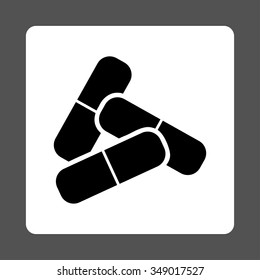 Pills vector icon. Style is flat rounded square button, black and white colors, gray background.