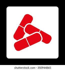 Pills vector icon. Style is flat rounded square button, red and white colors, black background.