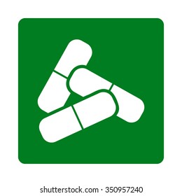 Pills vector icon. Style is flat rounded square button, white and green colors, white background.