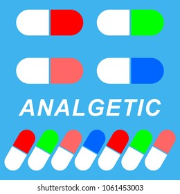 Pills vector illustration in flat style design.
Variety types of drugs, dragees, gelatin capsules, pill.
Antibiotic, analgesic, antidepressant.
Pharmaceuticals goods. 