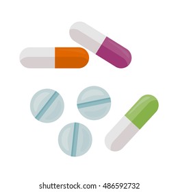 Pills vector illustration in flat style design. Variety types of drugs, dragees, gelatin capsules, pill. Antibiotic, analgesic, antidepressant. Pharmaceuticals goods. Isolated on white background.