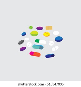 Pills vector illustration in flat style. Variety types of drugs, dragees, gelatin capsules, pill. Antibiotic, analgesic, antidepressant. Pharmaceuticals goods