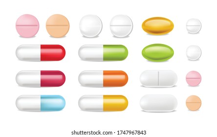 Pills vector realistic. Advertise banner medical pile of different medicine 3d illustration