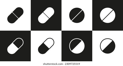 Pillt Vektor Set.  Umrisse und gefüllte Medikamententabletten aus der medizinischen und medizinischen Sammlung. EPS10