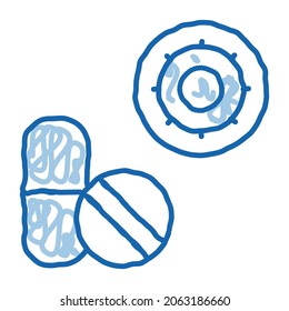 Pillen und Virus-Skizze Symbol Vektorgrafik. Handgezeichnete blaue Doodle-Linie Kunsttabletten und Viruszeichen. einzelne Symbolillustration