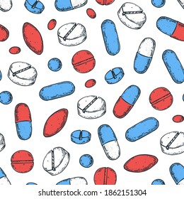 Pills and vitamins illustration. Seamless pattern. Hand drawn vector illustration. Healthy food.