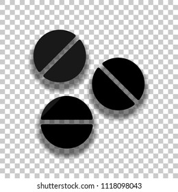 Pills or vitamins. Simple icon. Black glass icon with soft shadow on transparent background
