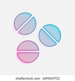 Pills or vitamins. Simple icon. Colored logo with diagonal lines and blue-red gradient. Neon graphic, light effect