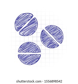 Pills or vitamins. Simple icon. Hand drawn sketched picture with scribble fill. Blue ink. Doodle on white background