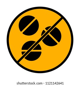 Pills or vitamins. Simple icon. not allowed, black object in warning sign with orange background color