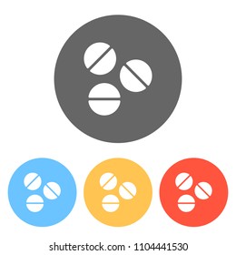 Pills or vitamins. Simple icon. Set of white icons on colored circles
