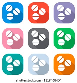 Pills or vitamins. Simple icon. Set of white icons on colored squares for applications. Seamless and pattern for poster