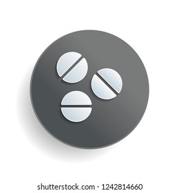 Pills or vitamins. Simple icon. White paper symbol on gray round button or badge with shadow