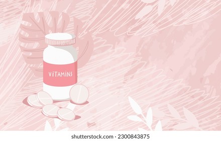 Pills with vitamins and supplements, Promotion banner with copy space, jar with several pills on pink modern background, dietary supplements and sports nutrition, flat vector illustration.