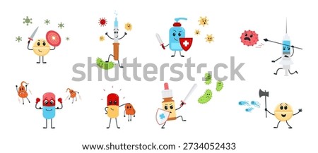 Pills vs bacterias. Medicines fighting with viruses diseases flu infections. Cartoon battles for health, children hospital scenes, classy vector set