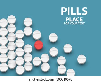 Pills. White medical pills on blue background.One red medicine tablet is as a concept of a vaccine.