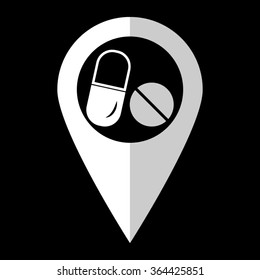 Pills - white vector icon;  map pointer