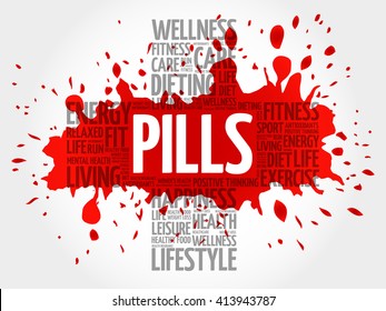 PILLS word cloud, health cross concept background