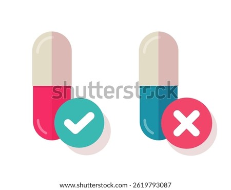 Pills yes no check mark and cross flat icon vector graphic illustration set flat design, verified safety medicine pharmaceutical health care tablets, correct wrong antibiotic drugs image clip art