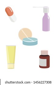 Pills,capsules, spray ,medicine,cream,ointment.A set of medical items for treatment.Icons isolated on white,flat design.Vector image.