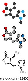 Pilocarpine Alkaloid Drug Molecule. Used In Treatment Of Glaucoma And Dry Mouth (xerostomia). Stylized 2D Rendering And Conventional Skeletal Formula.