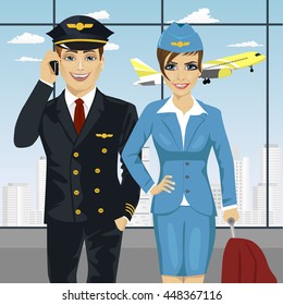 pilot and air hostess in uniform at airport