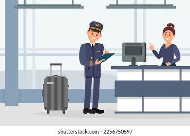 Pilot of aircraft checking in for flight at check in counter. Man in uniform with suitcase standing near airplane cartoon vector