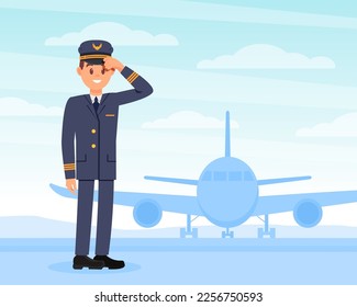 Pilot of aircraft. Cheerful man in uniform standing near airplane cartoon vector