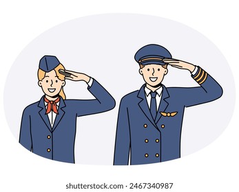 Pilot of aircraft and stewardess greet passengers of flight and thank you for using services of airline. Crew of aircraft from pilot with stewardess in service uniform smiling looking at screen