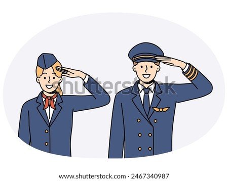 Pilot of aircraft and stewardess greet passengers of flight and thank you for using services of airline. Crew of aircraft from pilot with stewardess in service uniform smiling looking at screen