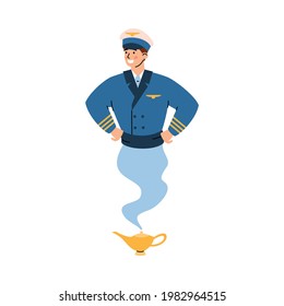 Piloto o aviador que parece un genio de la magia saliendo de un farol, ilustración vectorial de dibujos animados aislados en fondo blanco. Un piloto profesional genial o un capitán de la tripulación de avión.