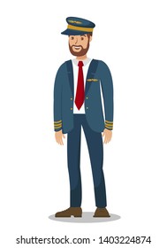 Pilot, Airplane Captain Flat Vector Illustration. Male Flight Attendant, Airport Crew Member Cartoon Character. Young Confident Airlines Worker Isolated Design Element. Aviation Industry