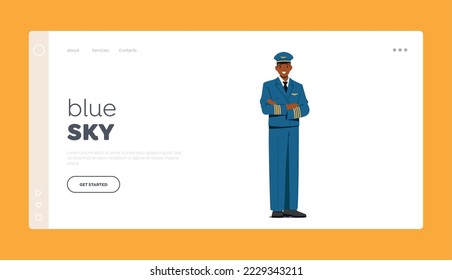 Pilot of Airplane Landing Page Template. Aviation Aircrew Male Character Wearing Uniform, Airport Staff, Jet Plane Captain, Air Service Staff Full Height. Cartoon People Vector Illustration