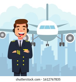 Pilot and airplane on white background vector illustration