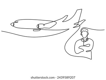 Pilot and airplane in one continuous line drawing style.