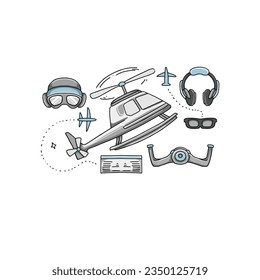 pilot, airplane, plane hand drawn doodle illustrations vector set