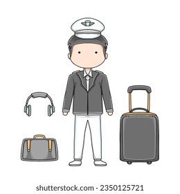 pilot, airplane, plane hand drawn doodle illustrations vector set
