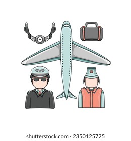 pilot, airplane, plane hand drawn doodle illustrations vector set