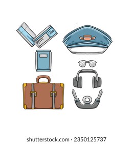 pilot, airplane, plane hand drawn doodle illustrations vector set