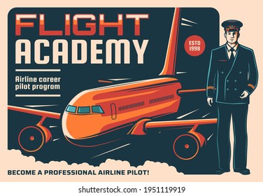 Pilot and airplane retro poster of vector aircraft staff, aviation, air travel and flight academy. Captain of passenger airline plane in blue uniform and cap with airplane on background