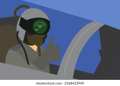 Pilot in an airplane shows like, thumbs up. Helmet-mounted display. Vector simple color flat illustration.