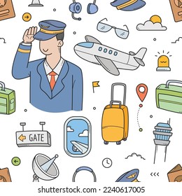 Pilot and Airport doodle hand drawn sealmess pattern wallpaper elements