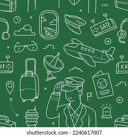 Pilot and Airport doodle hand drawn sealmess pattern wallpaper elements