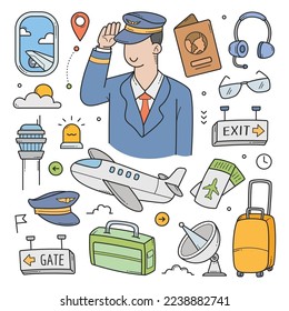 Pilot and airport object doodle hand drawn vector illustration